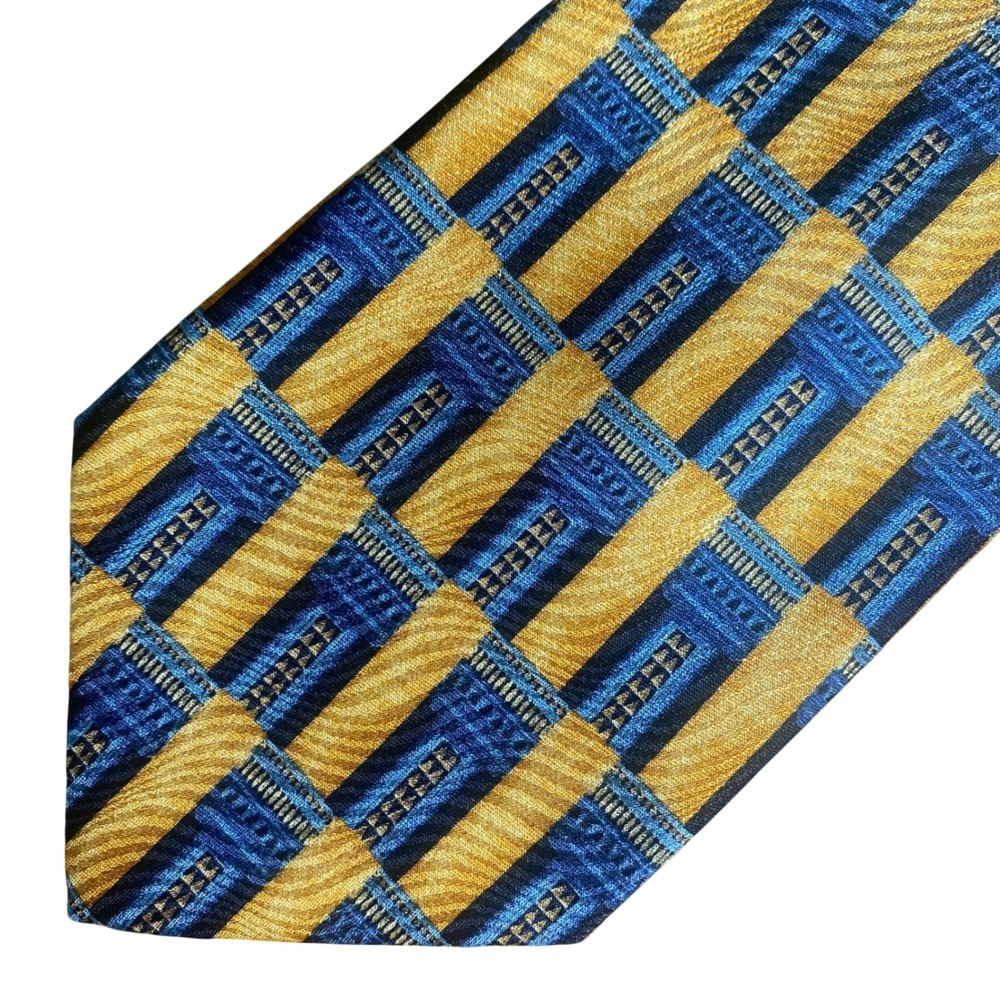 Ermenegildo Zegna Silk Tie Blue Gold Geometric Disegno Esclusivo 100% Silk Italy